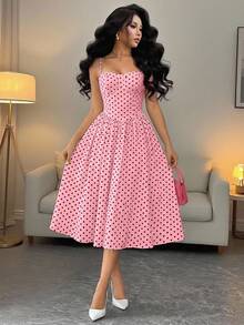 Rafferiza Fashionable Versatile Date Party Spaghetti Strap Waist Flared Pink Dress For Women, Autumn/Winter - Pink - View 3