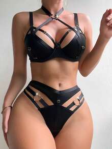 AltCore Conjunto de lencería con sujetador de aro y corte de anillo enlazado y braguita a juego - Negro - Ver 3