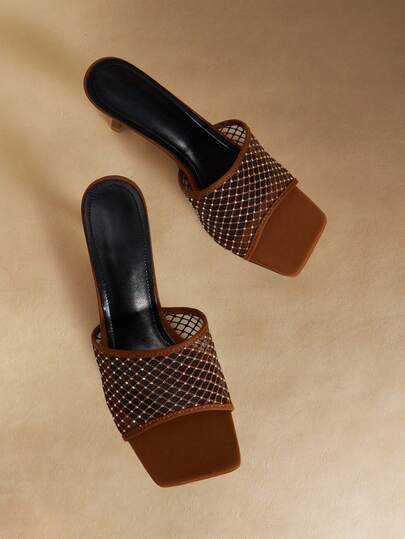 Rosivie New Square Toe Rhinestone Hollow High Heels For Women's Cool Slippers For Women's Summer Wear