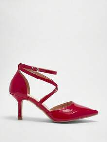 Bholvia Women's Cross Strap Pointed Toe Kitten Heel, Elegant, Patent Leather, Red, Pumps, Party Spring Shoes Summer Shoes - Red - View 10