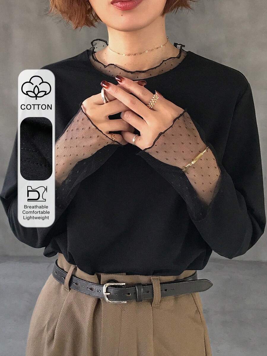 Dazy Tall 高个女式蕾丝拼接圆领长袖套头T恤 - 黑色 - 查看 1