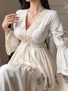 DAZY Women's Vacation Plant Pattern Contrast Lace Flare Sleeve Elegant Dress - Beige - View 7