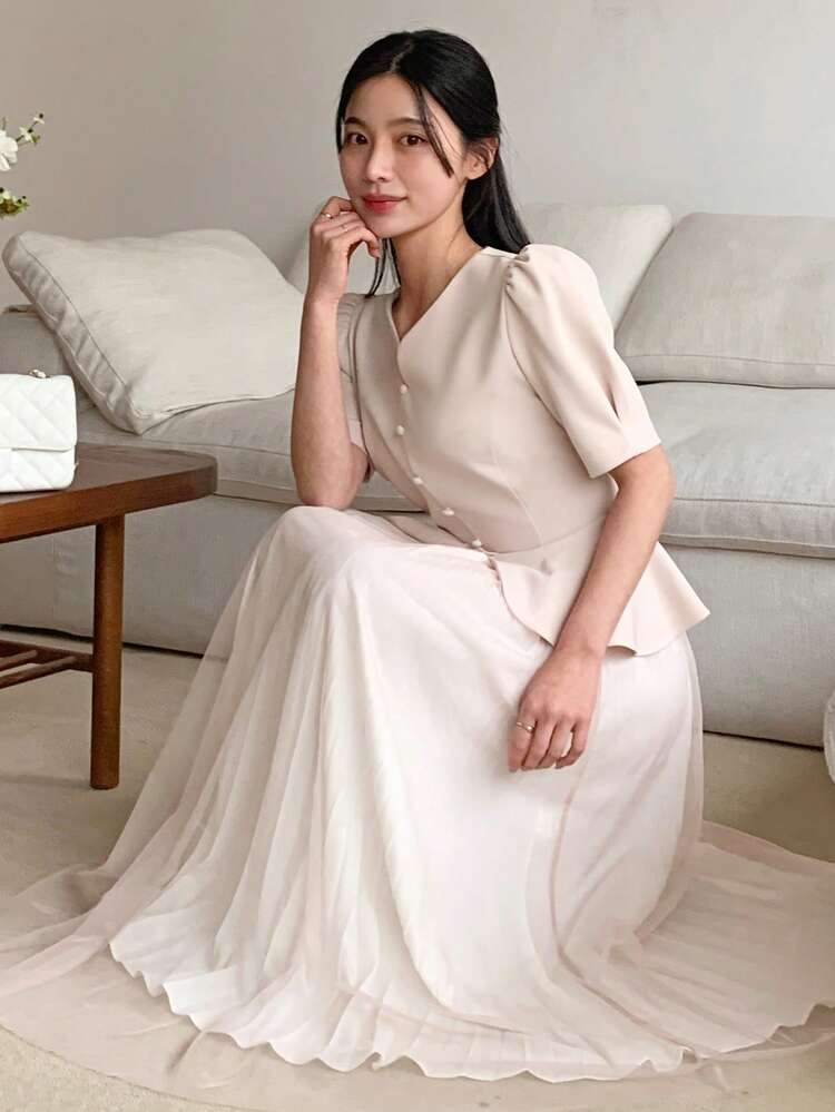 Women's Elegant Mesh Patchwork Pleated Mid-Length Dress, Summer Sundress