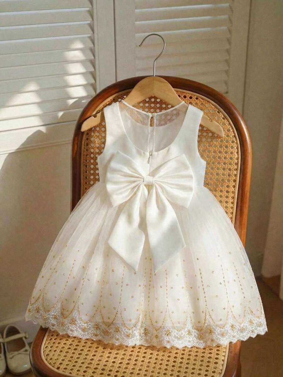 Glamorique Kids 花童生日派对婚礼假日礼服,女婴公主缎面连衣裙,白色薄纱蓬蓬裙,可拆卸蝴蝶结设计,适合正式场合、舞台表演、钢琴演奏、派对或特殊活动,夏季,欧美风格,金色刺绣蕾丝边白色薄纱蓬蓬裙,蝴蝶结露背连衣裙,舞台表演,中东奢华正式礼服 - 白色 - 查看 1