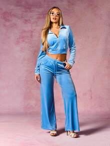Rhinestone Trim Funnel Neck Velour Zip Up Hoodie With Embroidered Text Details Luxury Tracksuit Top - Blue - View 4