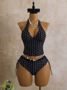Swim Mod Women's 2-Piece Swimsuit Set For Summer, Black & White Polka Dot Print With Ruffle Trim, Cropped Top And Tie-Waist Bottoms - Black - View 3