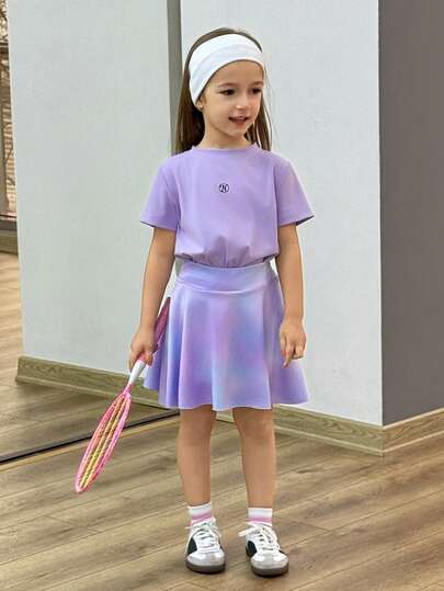 DAZY Girls (Small) Round Neck Knit Printed Short Sleeve T-Shirt & Skirt Sports Suit, Fall Outfit