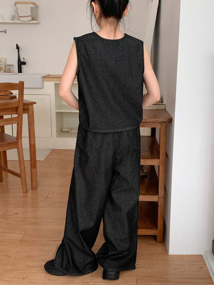 2pcs/Set Tween Girls Crew Neck Sleeveless Denim Top And Denim Pants Outfit, Fall Summer