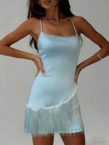 INAWLY Light Blue Tassel Mini Dress, Backless Design For Sexy & Elegant Look, Light Blue Spaghetti Strap Dress + Tassel Trim - Blue - View 5
