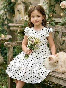 SHEIN Kids Girls Polka Dot Cap Sleeve Princess Dress,White Butterfly Back Elegant Clothes For Family Gatherings,Weddings First Birthday Party Holiday - White - View 3