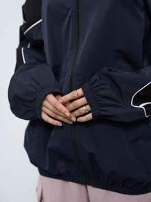 DAZY 字母图案撞色滚边拉链夹克，秋装 - 藏蓝色 - 查看 8