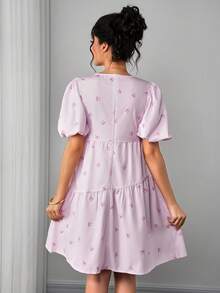 Momance 双层灯笼袖孕妇连衣裙，圆领A字廓形，多层数码印花连衣裙 - 粉色 - 查看 2