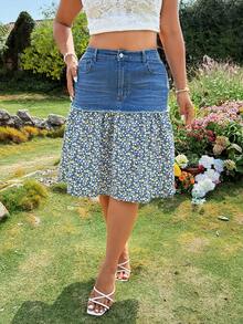 Breezaya Plus Size Women Floral Patchwork Pocket Button Casual Versatile Denim Skirt - Dark Wash - View 1