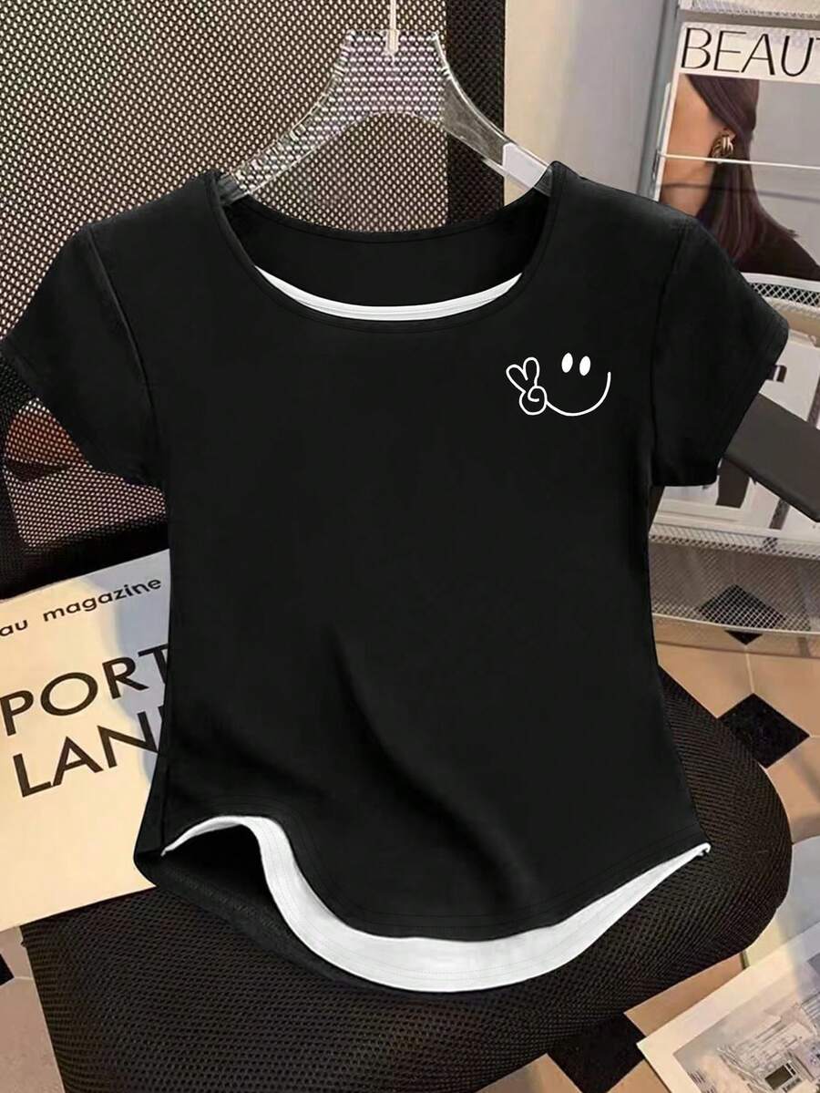 Resyla U-Neck Short Sleeve T-Shirt, New Spring/Summer 2 In 1 Design - Multicolor - View 1