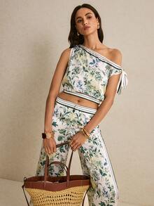 Poéselle Women's Floral Satin One-Shoulder Tie-Side Crop Top – Botanical Print Resort Blouse One Shoulder Top, Floral Crop Top, Satin Blouse, Botanical Print Top, Tie Shoulder Tank, Summer Resort Wear, Vacation Outfit, Boho Chic Top Floral Print Twist Front Asymmetric Shoulder Casual Blouse - Multicolor - View 2