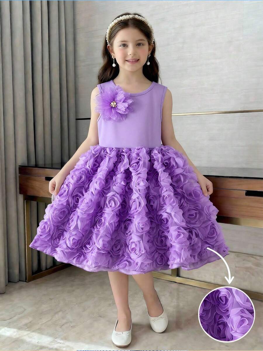 SHEIN Elladie kids 这款紫色优雅无袖连衣裙,裙摆蓬松,胸前饰有3D立体花朵,高腰设计,裙摆飘逸。适合春夏季节生日、节日、派对、舞台表演以及作为公主裙穿着。 - 紫色 - 查看 1