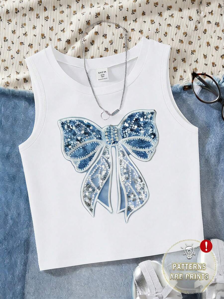 SHEIN Áo hai dây in hình bướm phong cách mùa hè, bohemian, mềm mại, dành cho bé gái tuổi teen, thoải mái và giản dị cho mùa xuân/hè, thiết kế thời trang đa năng phù hợp cho hoạt động ngoài trời, dã ngoại, chụp ảnh đường phố, ở nhà, đi học, lễ hội, làm quà tặng, áo hai dây thắt nơ cho bé gái, áo tank top thắt nơ. - trắng - Xem 1