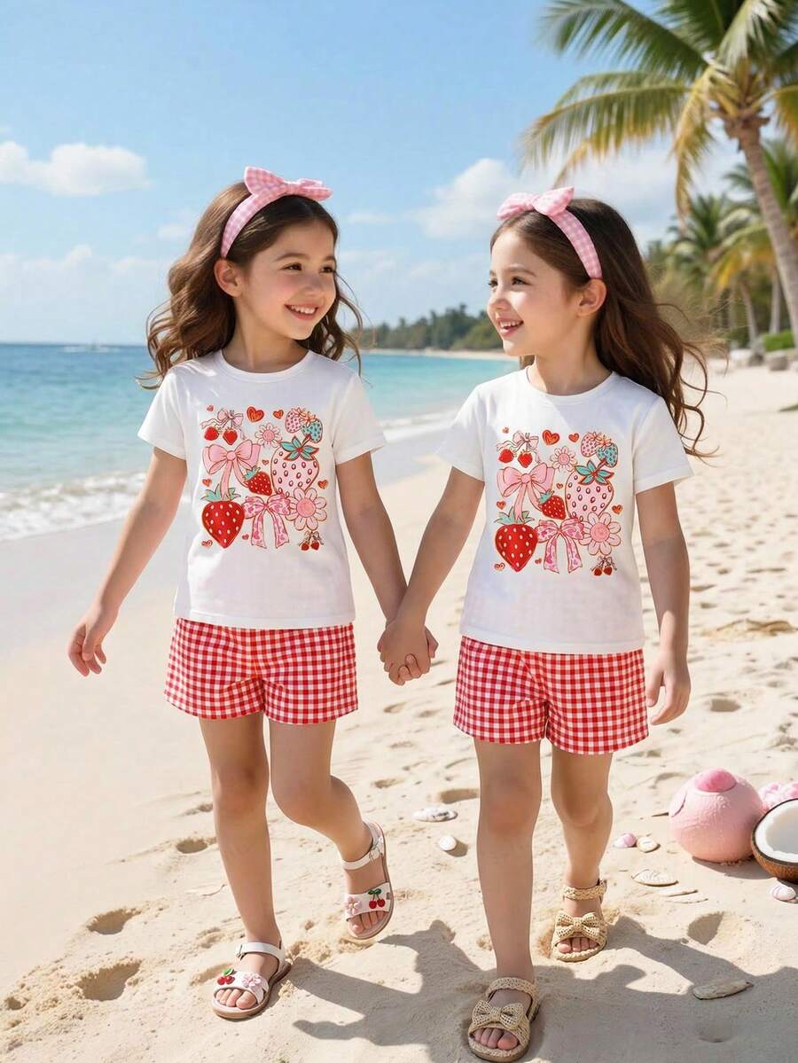 2件套 4-7岁女孩清爽甜美元素圆领短袖上衣+短裤 轻薄可爱透气夏季套装 - 彩色 - 查看 1