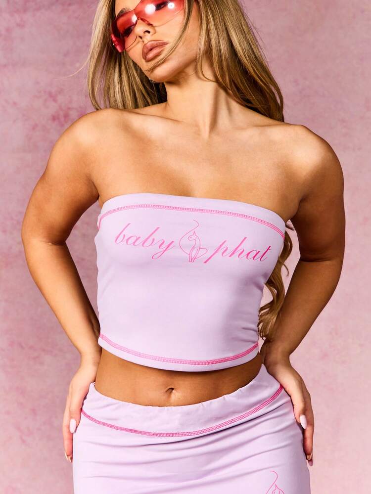 BABYPHAT Women's Jersey Bandeau Strapless Top With Contrast Pink Stitching And Logo Print