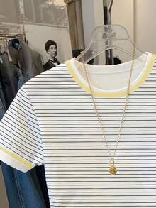 Resyla Women's Casual Lemon Embroidery Striped Round Neck Short Sleeve T-Shirt, Summer - White - View 5