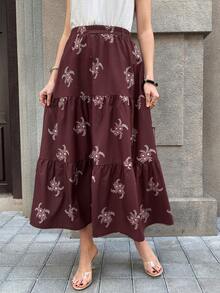 SHEIN Clasi Women's Elastic Waist Floral Embroidery Pattern Boho Skirts,Dark Brown Autumn Long Summer Skirt,Vacation Holiday Floral Print Casual Elegant Skirt - Rust Brown - View 7