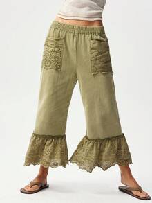 Bohemela 休闲梭织牛仔拼接蕾丝下摆宽松直筒七分裤 - 綠色 - 查看 8