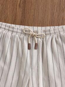 SWAVVY 男士条纹抽绳腰带休闲百搭日常短裤 - 杏色 - 查看 6