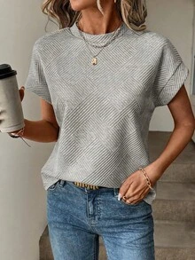 Easowa 女式蝙蝠印花圆领短袖T恤，纹理面料 - 灰色 - 查看 1