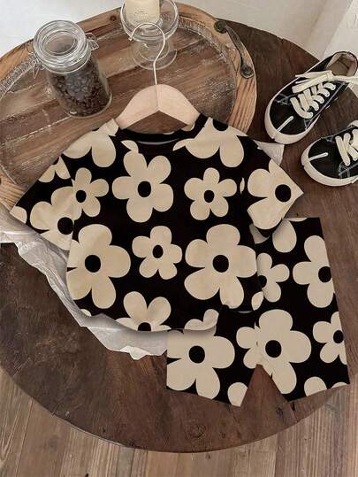 1 Set Baby Girls' Casual Cute Floral Print Short Sleeve Round Neck T-Shirt And Shorts Set, Suitable For Spring/Summer Outings