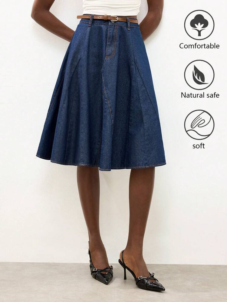 SHEIN Maija Women's Casual Commuter Denim Mini Skirt, Summer Skirt,Aw Denim Midi Skirt, Low-Waisted A-Line Skirt