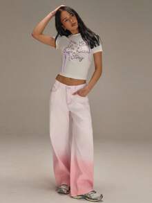 Athîral 女士休闲水洗渐变低腰直筒牛仔裤 - 粉色 - 查看 3