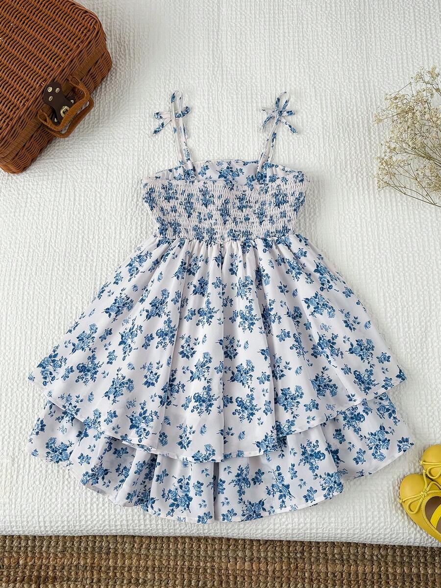 SHEIN Tween Girl Floral Print Spaghetti Strap Vacation Dress - Blue - View 1