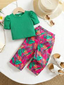 SHEIN 女婴夏季可爱度假针织绿色T恤花卉图案裤子套装 - 彩色 - 查看 7