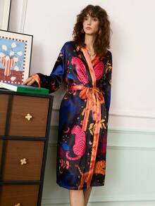 Chillnights Áo choàng dài tay rộng rãi in họa tiết da báo, chất liệu satin, thích hợp cho kỳ nghỉ ở vùng nhiệt đới, trang phục mặc nhà thời trang họa tiết da báo dành cho nữ. - Nhiều màu - Xem 6