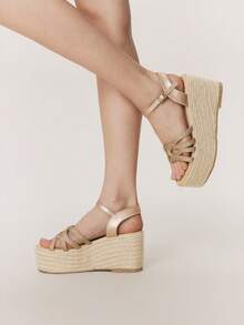 Styleloop Ladies, Straw Rope, Buckles, Lame-Heeled Platform Sandals, Vacation Atmosphere, Summer Wear, Travel Essentials - Rose Gold - View 6