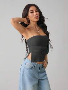 SHEIN PETITE Women's Solid Color Ruched Side Slit Hem Bandeau Top,Summer Top - Grey - View 5