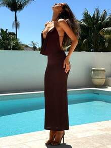 Aloruh Mesh Plum Purple Sexy Backless Deep Draped Neck Maxi Bodycon Dress For Party, Music Festival - Coffee Brown - View 7