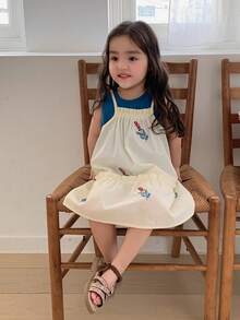 DAZY 女嬰花卉刺繡細肩帶洋裝與純色背心套裝 夏季幼兒 - 杏色 - 查看 8