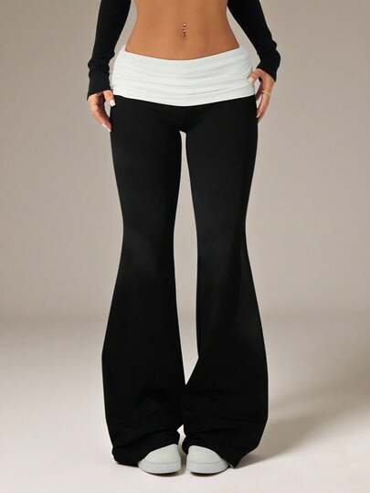 SHEIN PETITE Women's Casual Contrast Color Fold-Over Waist Flare Pants Black And White Pants Fold Over Pants Maternity Pants Flared Leggings Maternity Clothes