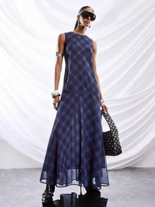 LYSMO 2026 New Arrive Minimalism Spring/Summer Women's Round Neck Plaid Pleated Elegant Waist Cinched Long Dress, Suitable For Dates And Outings,Plain/Casual - Multicolor - View 7