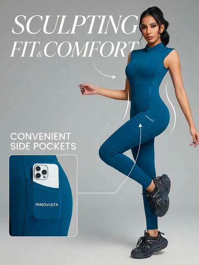 Innovista Women's Sleeveless Equestrian Jumpsuit, Casual Sports Wear Blue Zip Jumpsuit Women Sleeveless One-Piece Workout Catsuit, Front Half-Zip, Removable Bra Pads, Side Phone Pockets, High-Stretch Bodycon, Sculpting Compression & Butt Lift For Gym Yoga Pilates Running |  Mono Deportivo Azul | Macacão Fitness Azul | Gymtok / Pilatescore / Clean Fit