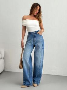 EURMUSE JEAN EN DENIM TEINT À TAILLE HAUTE, COUPE DROITE AMPLE - Jean bleu - Voir 6