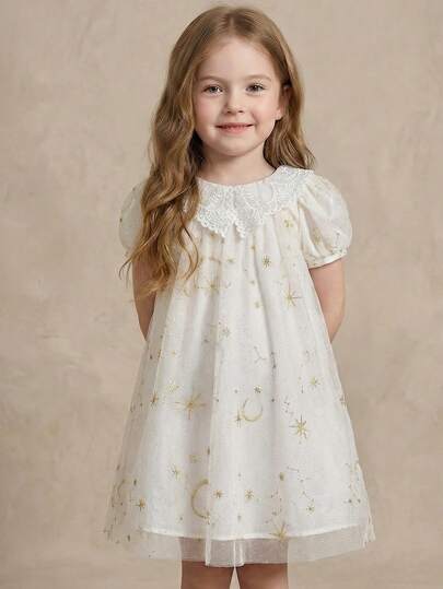 PrepCrw 少女优雅花卉蕾丝领花瓣袖刺绣网纱连衣裙