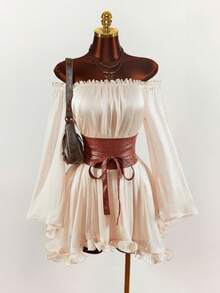 Đầm ngắn trễ vai thắt eo, phong cách boho phương Tây gợi cảm, bộ đồ nhiều mảnh tối giản phá cách Amplova dành cho nữ, đầm ngắn kiểu hippie phối da PU, đầm ngắn cổ yếm màu mơ mùa thu/đông với vạt bất đối xứng và viền bèo nhún thắt eo. - Màu be - Xem 6