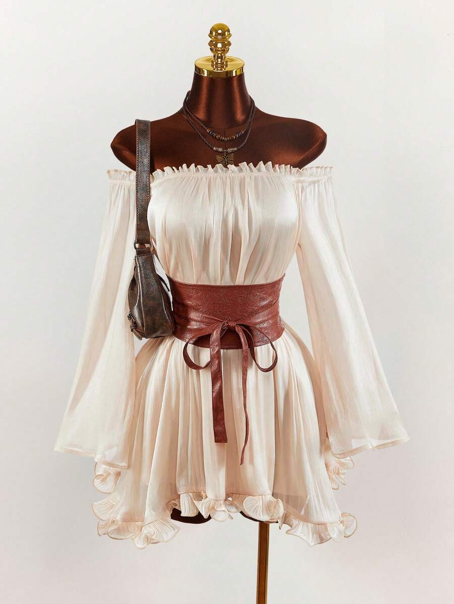 Đầm ngắn trễ vai thắt eo, phong cách boho phương Tây gợi cảm, bộ đồ nhiều mảnh tối giản phá cách Amplova dành cho nữ, đầm ngắn kiểu hippie phối da PU, đầm ngắn cổ yếm màu mơ mùa thu/đông với vạt bất đối xứng và viền bèo nhún thắt eo. - Màu be - Xem 1