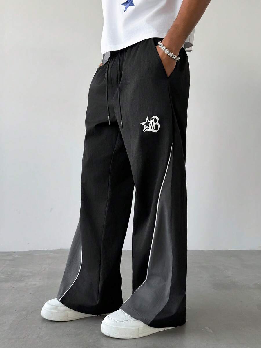 PAVTROS 男士宽松抽绳腰带印花休闲运动裤，年轻街头风 - 黑色 - 查看 1