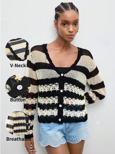 Maija Women's Vacation Casual Contrast Stripe Hollow-Out Knit Cardigan