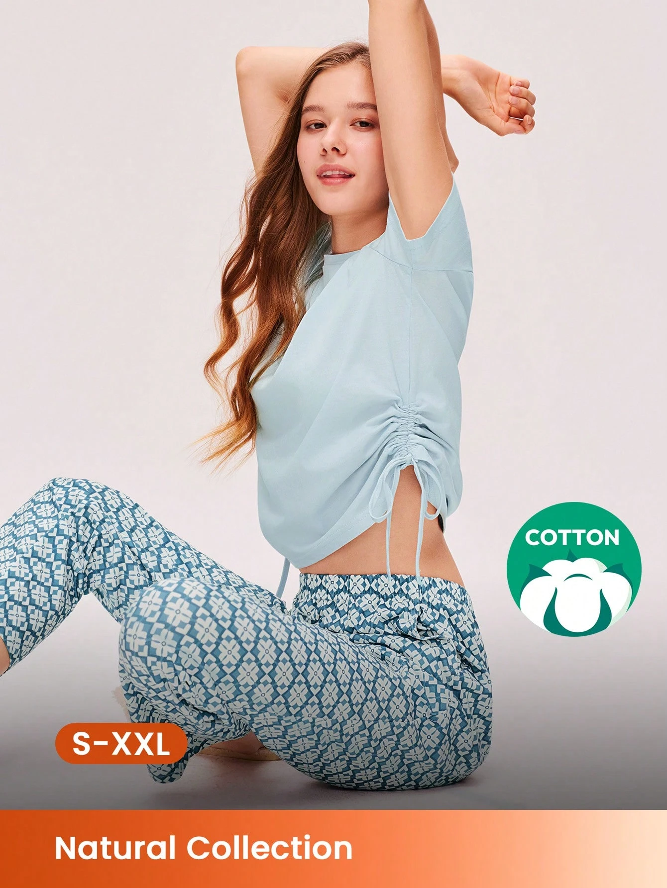 Sommer Insel Stil weiches Baumwoll-Blau Urlaubs romantische Falten Kurzarm Basic Crew Neck Top & bedruckte Hose Loungewear luftige Pyjama Set Urlaubs Hose mit Taschen Hose mit Taschen Damen Lingerie als Oberbekleidung, Frühling und Sommer Pyjama Capri Zweiteiler Mode Casual Bequeme Outfits
