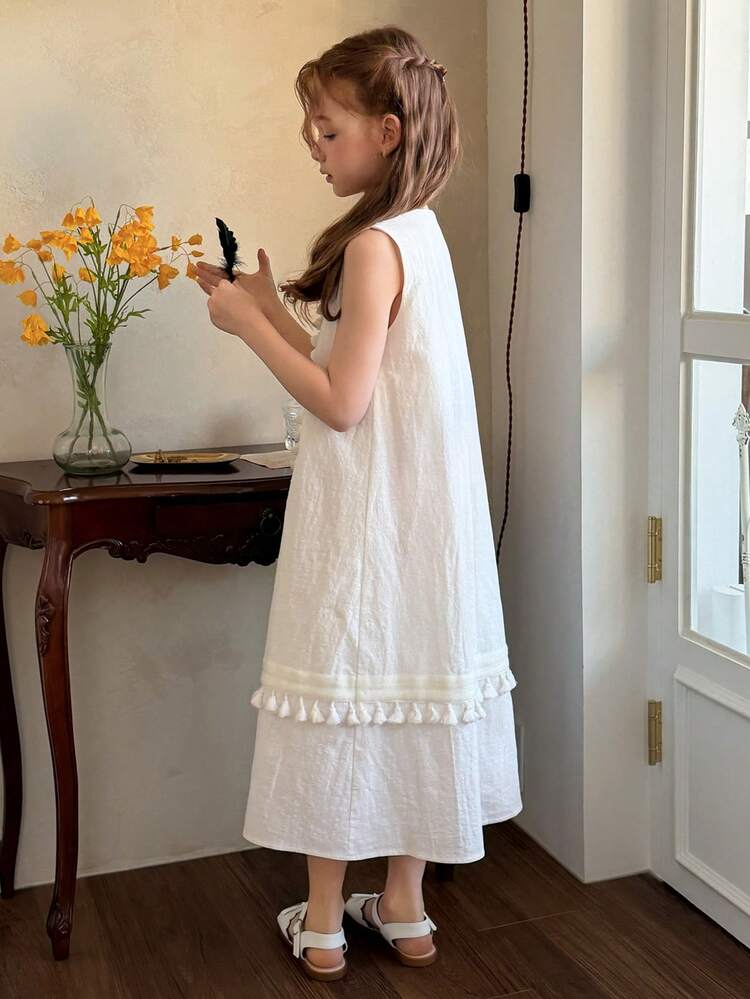 Girls' Korean Style Fringe Patchwork V-Neck Casual Dress, Fall