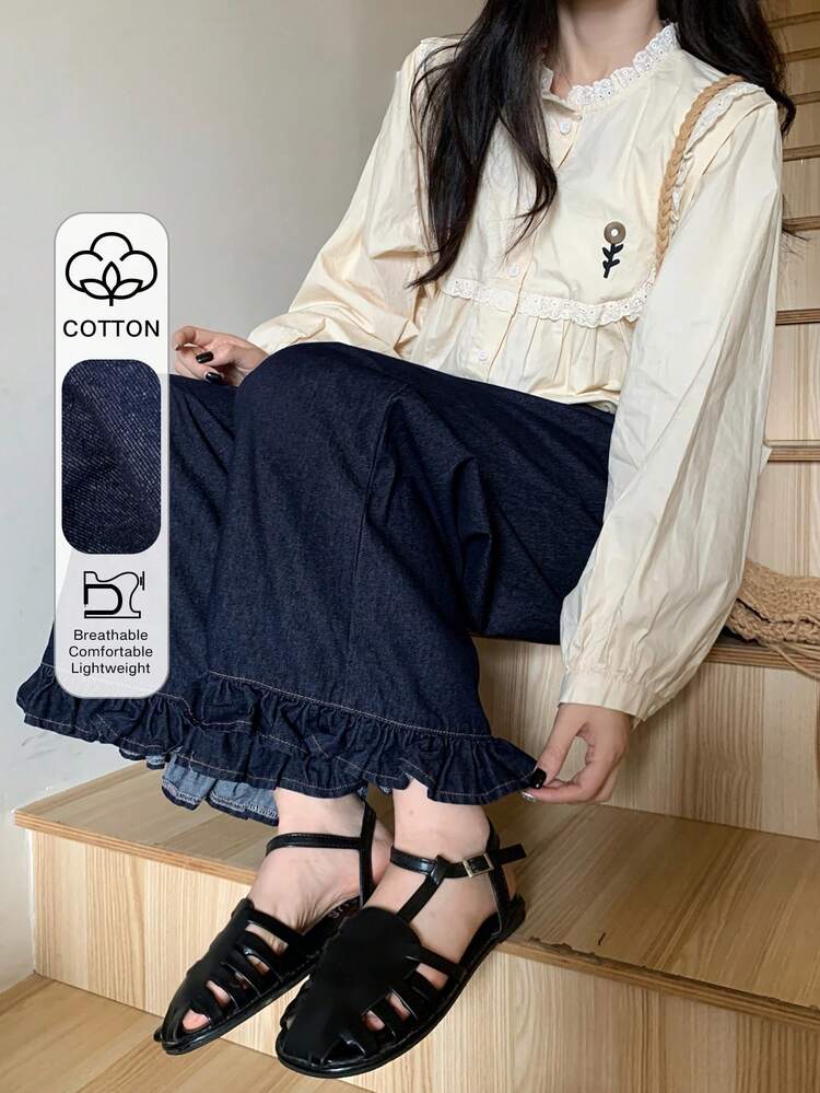 Fashionable Casual Ruffled Loose Denim Jeans For Teen Girls